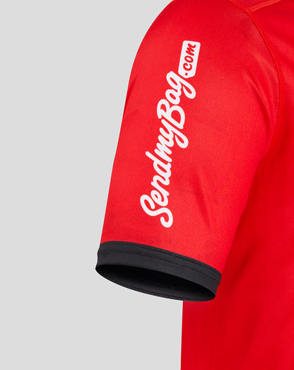 Red Ulster away shirt sleeve with black cuff and diagonal white branding along the sleeve