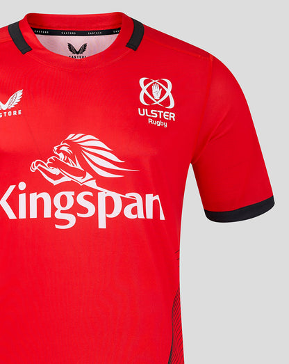 Close up of red Ulster rugby jersey showing Kingspan sponsor across front and Ulster crest near the shoulder
