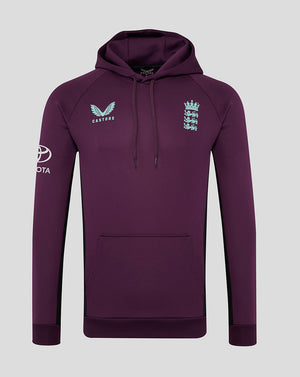 Front view of purple England Cricket Training hoodie with three lions crest on the chest and Castore logo