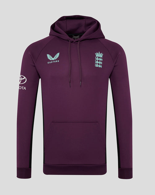 Front view of purple England Cricket Training hoodie with three lions crest on the chest and Castore logo