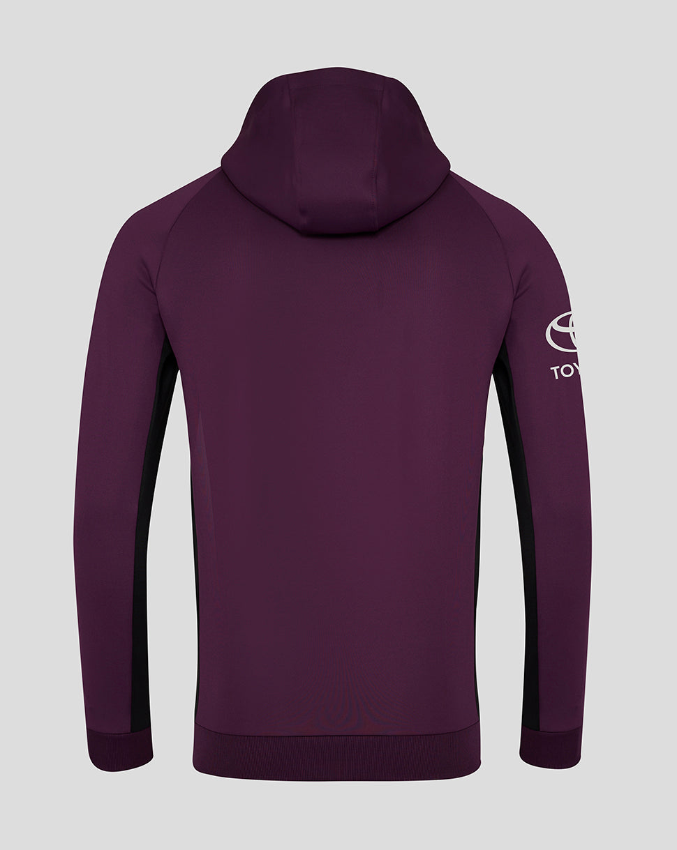 Back view of a purple England cricket training hoodie with a three-part hood and black side panels