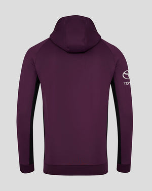 Back view of a purple England cricket training hoodie with a three-part hood and black side panels