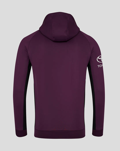 Back view of a purple England cricket training hoodie with a three-part hood and black side panels
