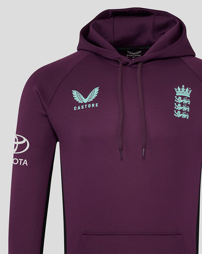 Close up of purple hoodie chest with Castore wing logo and England crest and the drawstring hood visible