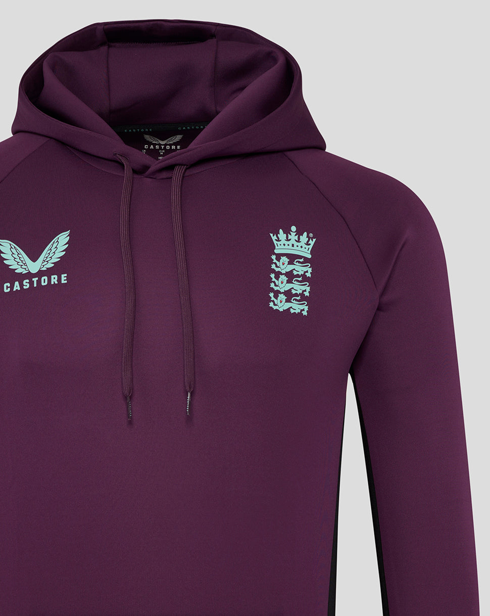 Front view of purple training hoodie showing a light blue crest on the chest Castore logo and Toyota emblem on the sleeve