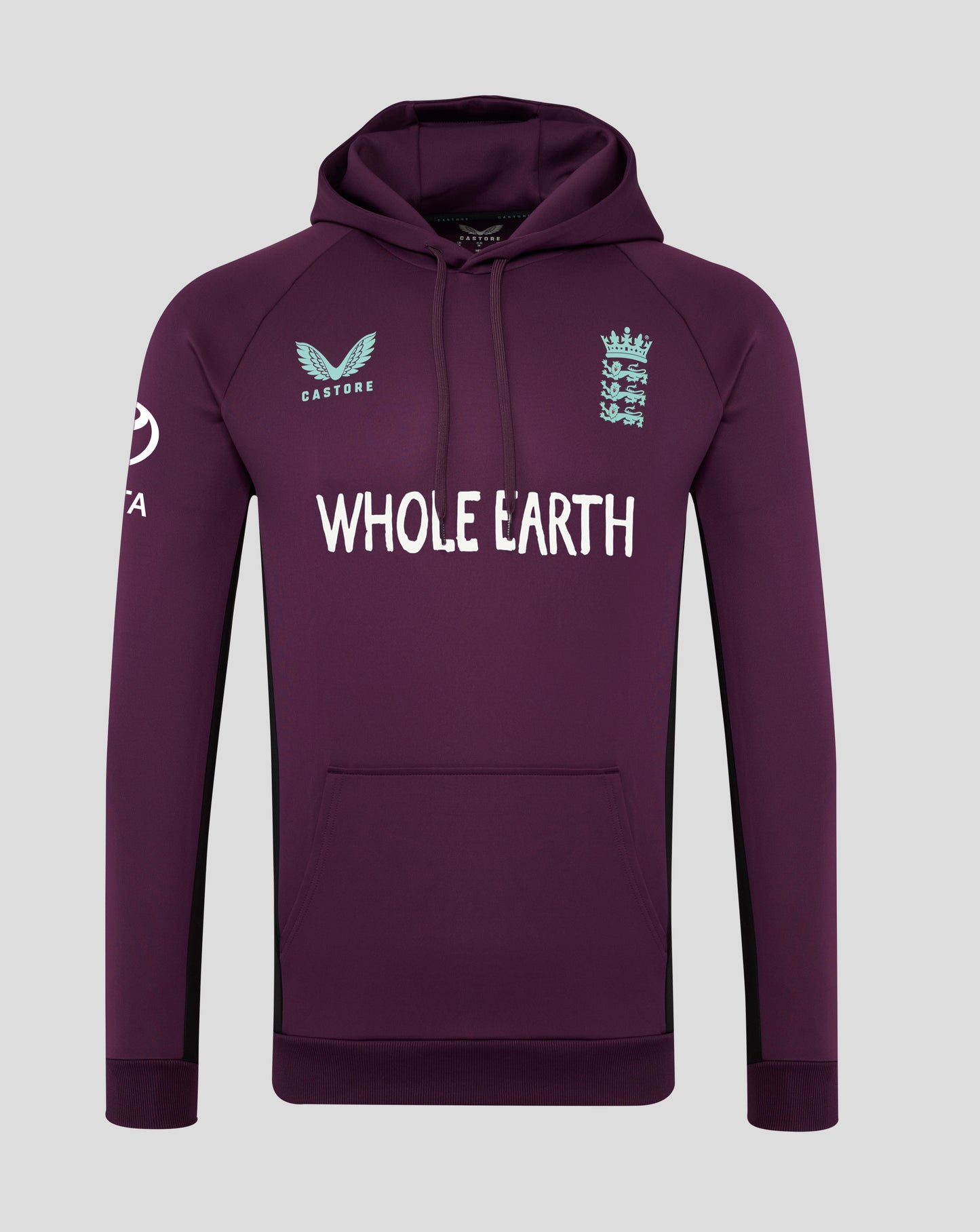 Front view of a purple England training hoodie with hood and pocket, light blue Castore logo on the left chest and England crest on the right chest with Whole Earth text