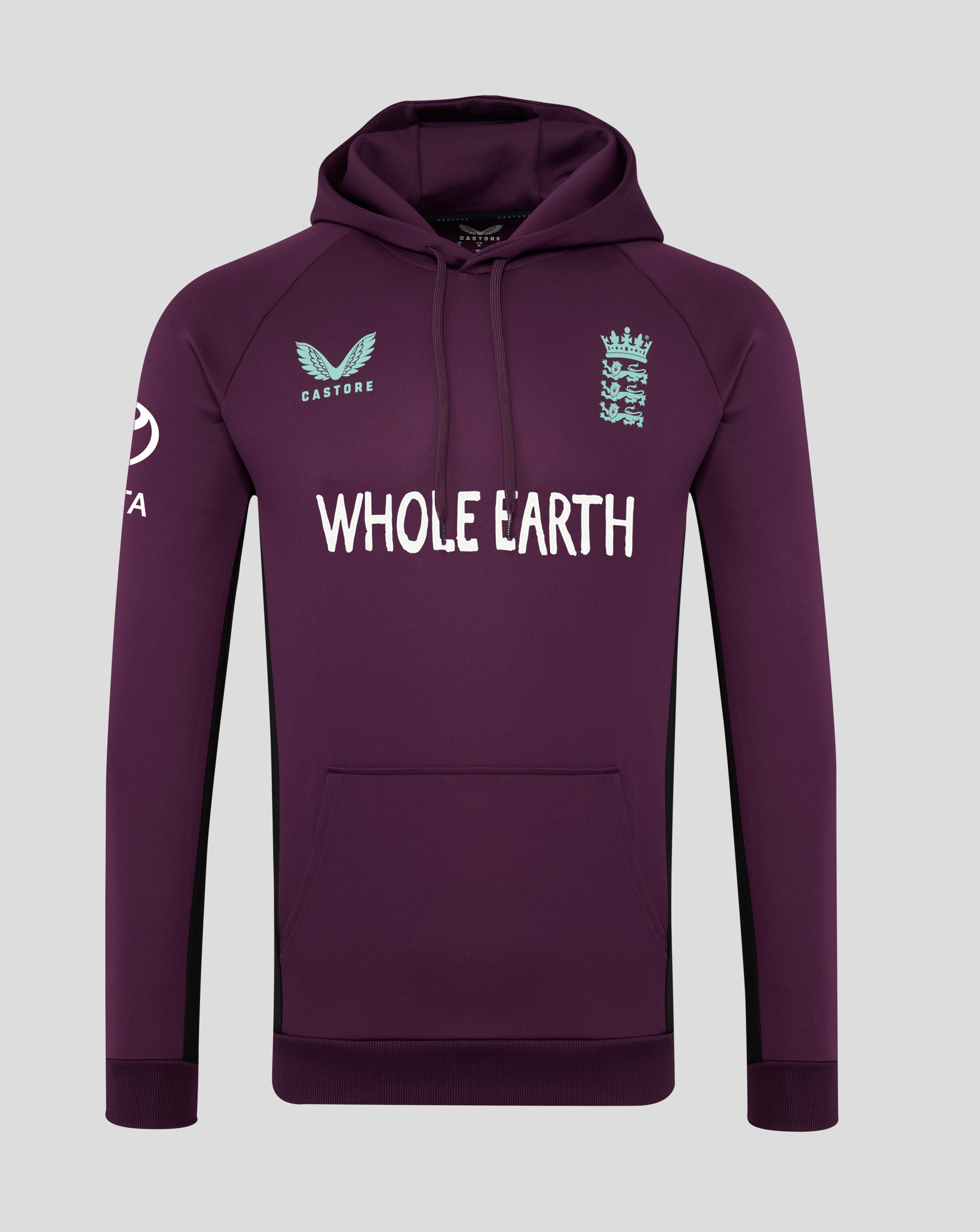 Front view of a purple England training hoodie with hood and pocket, light blue Castore logo on the left chest and England crest on the right chest with Whole Earth text