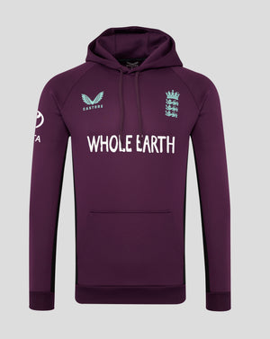 Front view of a purple England training hoodie with hood and pocket, light blue Castore logo on the left chest and England crest on the right chest with Whole Earth text