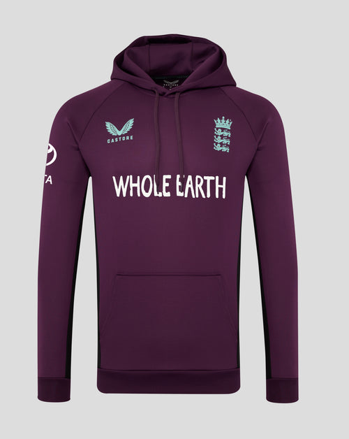 Front view of a purple England training hoodie with hood and pocket, light blue Castore logo on the left chest and England crest on the right chest with Whole Earth text