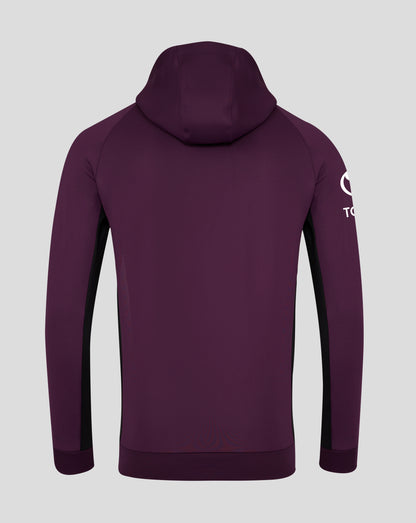 Back view of maroon England Cricket training hoodie with hood up and a white circular logo on the right sleeve