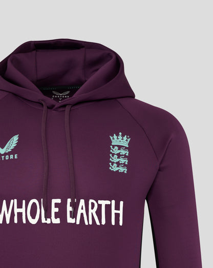 Close up of plum England cricket training hoodie with light blue England crest on the chest and drawstring hood
