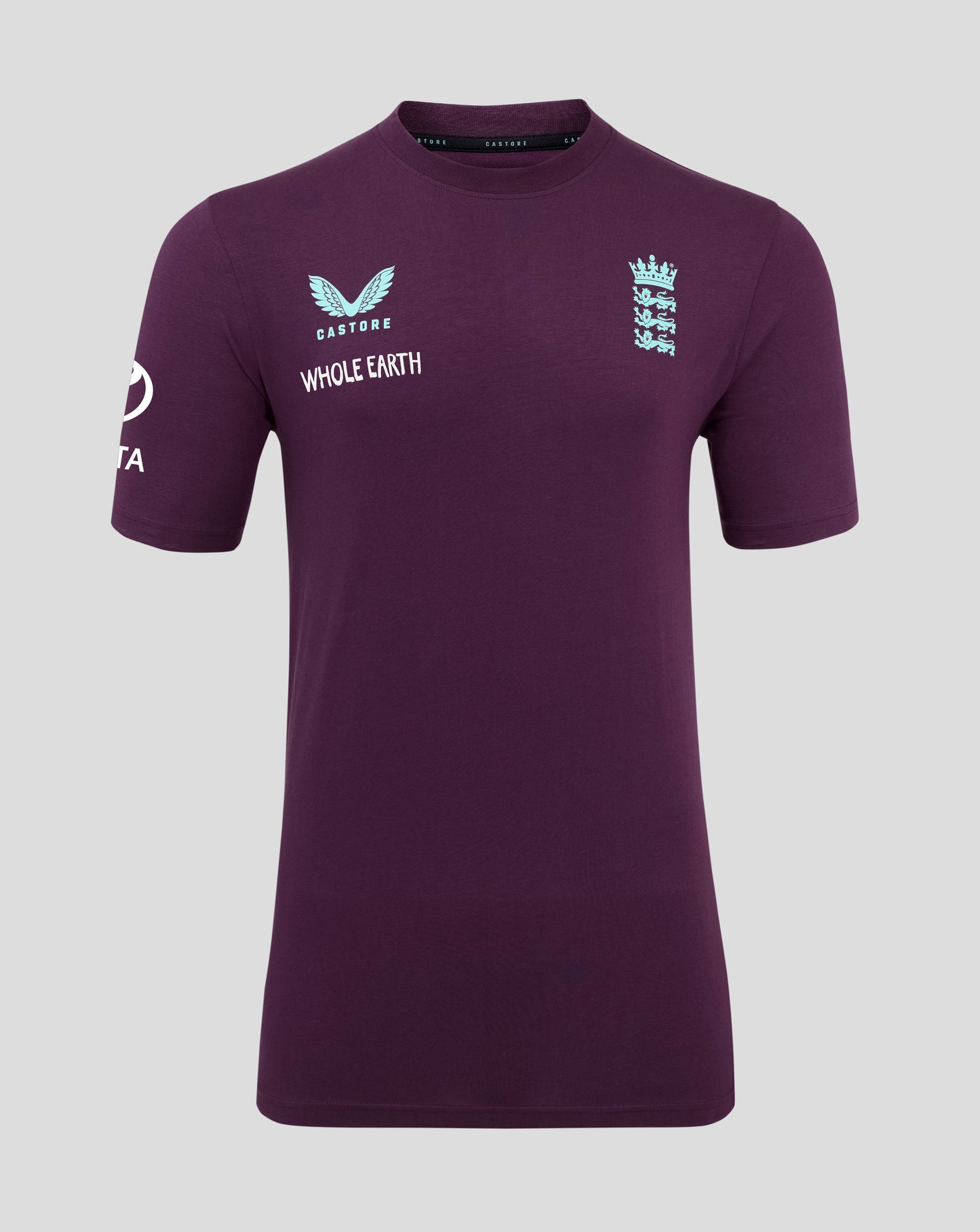 Front view of a dark purple England cricket training T shirt with a light blue wing logo on the left and crest on the right.