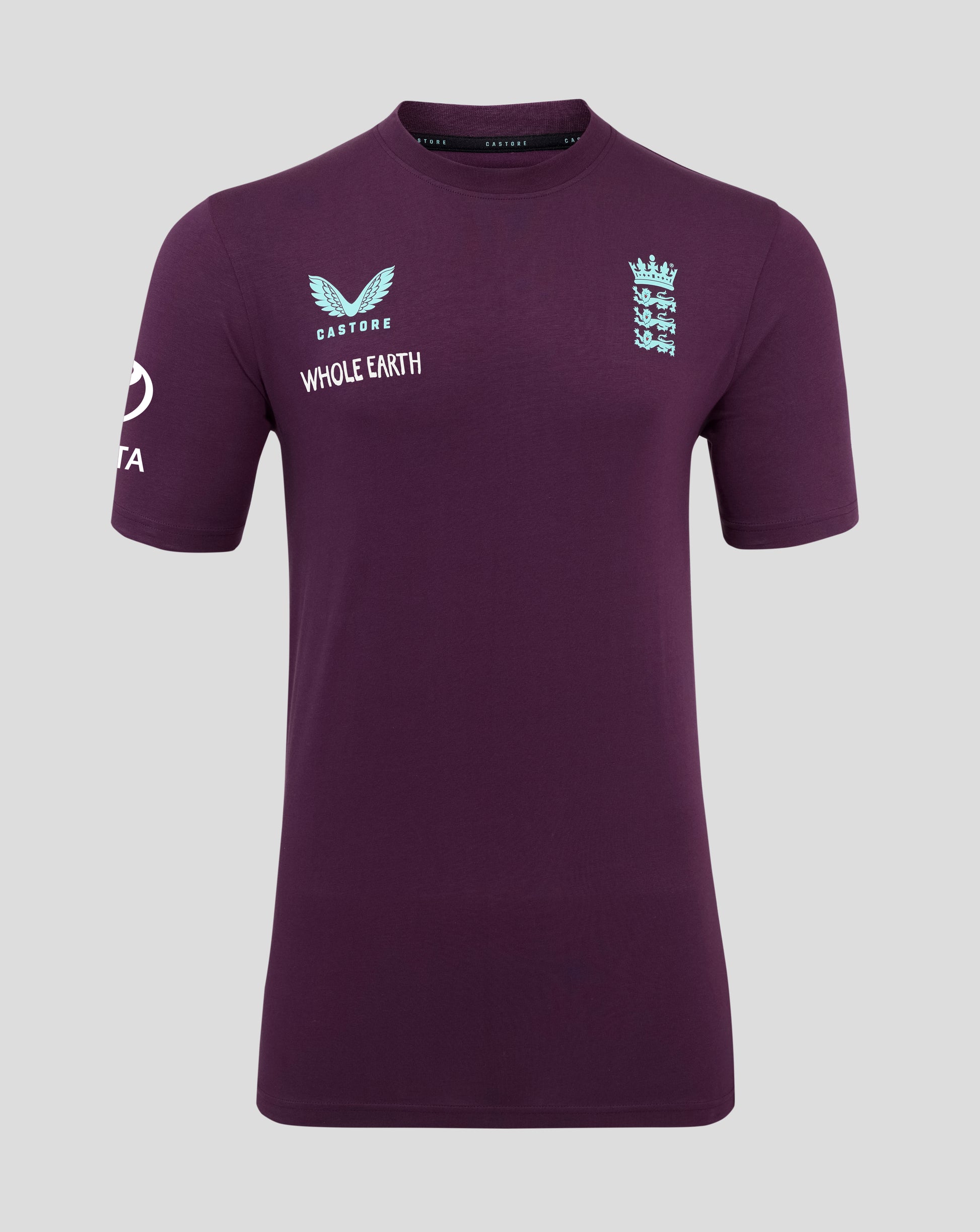 Front view of a dark purple England cricket training T shirt with a light blue wing logo on the left and crest on the right.