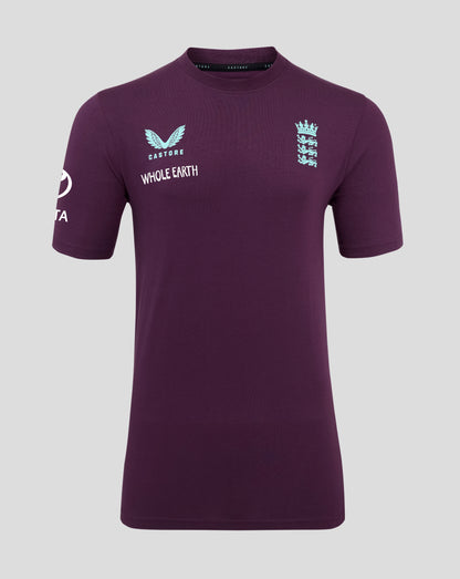 Front view of a dark purple England cricket training T shirt with a light blue wing logo on the left and crest on the right.