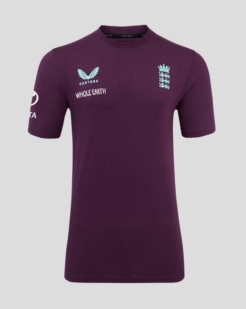Front view of a dark purple England cricket training T shirt with a light blue wing logo on the left and crest on the right.