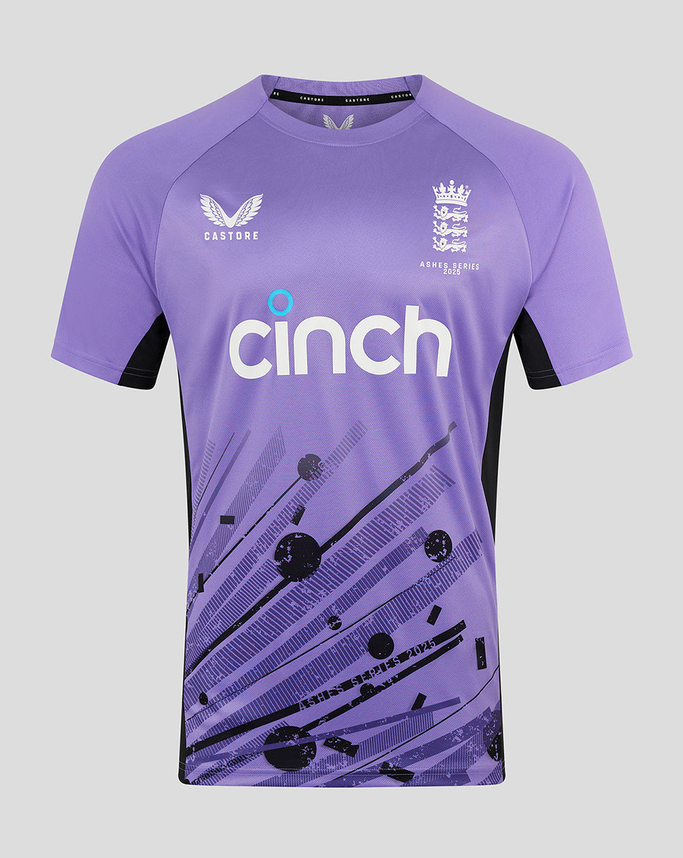 England women's Ashes training short sleeve shirt in purple with ECB crest and cinch sponsor across front.