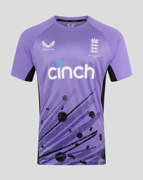 Front view of a purple England Cricket Junior Ashes training short sleeve tee with Castore logo and England crest.