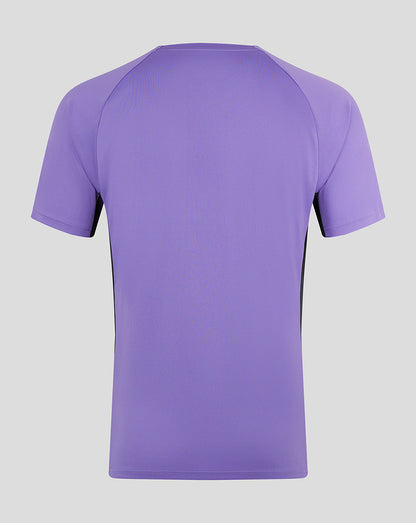 Back view of purple England Cricket Women's Ashes training shirt with raglan short sleeves