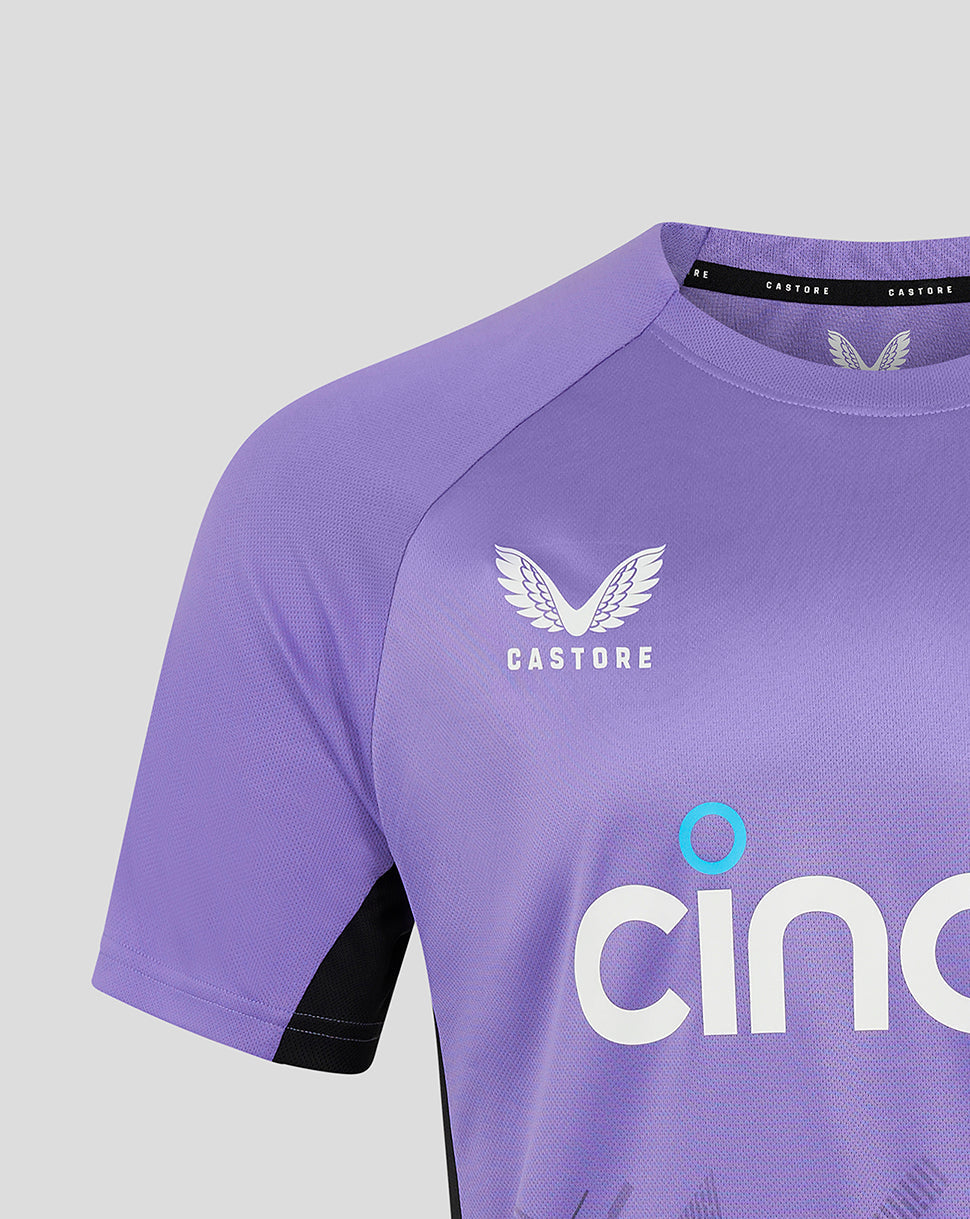 Front view of purple England Cricket Women's Ashes training shirt with ECB crest and sponsor graphics