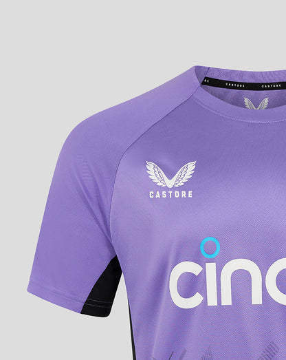 Front view of purple England Cricket Women's Ashes training shirt with ECB crest and sponsor graphics