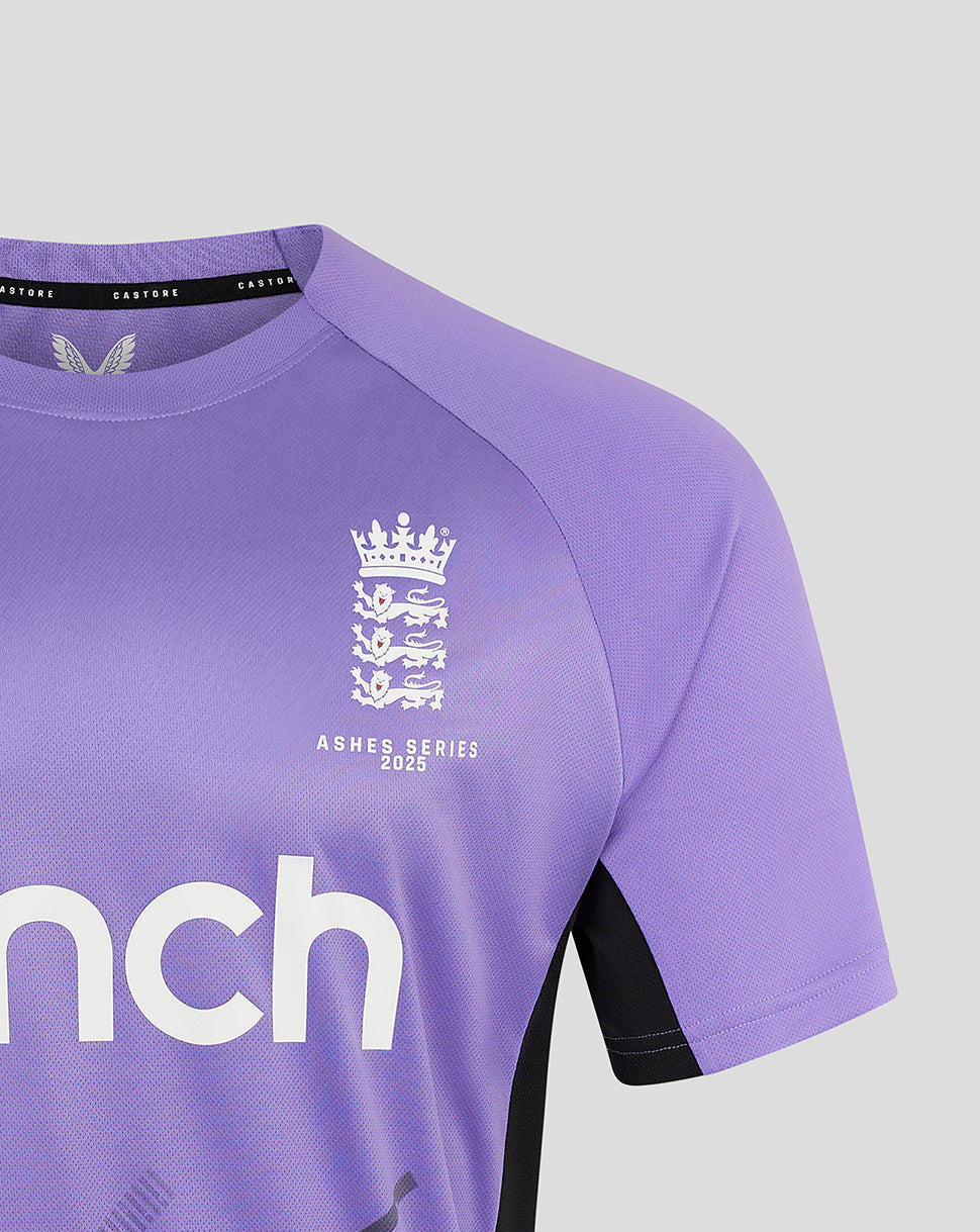 Close-up of chest area showing England crest and Ashes Series 2025 branding on purple training shirt