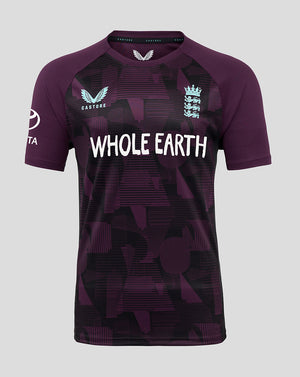 Purple sports jersey with 'Whole Earth' text and logos on a gray background