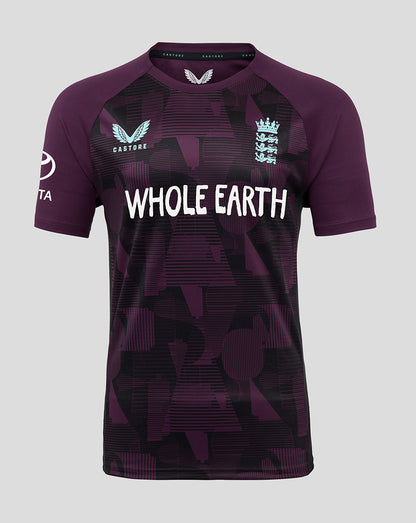 Purple sports jersey with 'Whole Earth' text and logos on a gray background