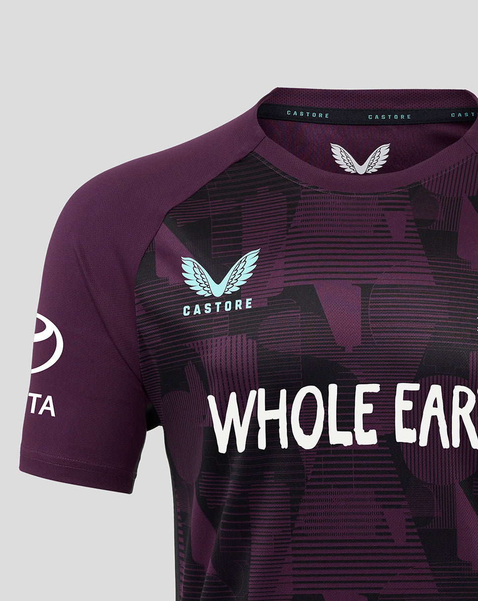 Purple sports jersey with branding and text on a light gray background