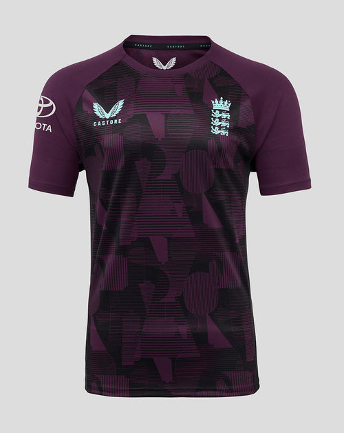 Front view of England Cricket Training Tee in blackberry wine and caviar with crest and Toyota logo on the sleeve.