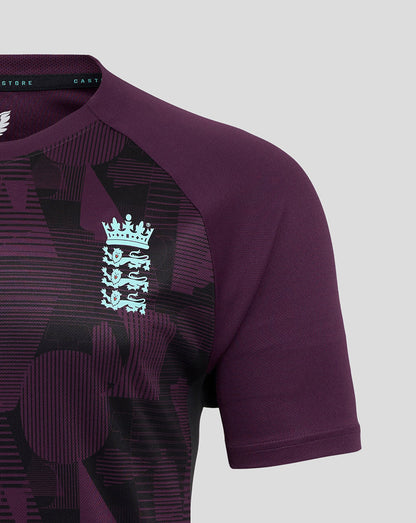 Front view of England Cricket Training tee in blackberry wine and caviar with a bold pattern and light blue crest.