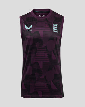 Front view of a sleeveless England cricket training vest in blackberry wine and purple with a white crest and bold graphics.