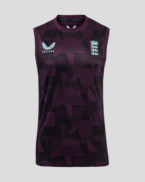 Front view of a sleeveless England cricket training vest in blackberry wine and purple with a white crest and bold graphics.