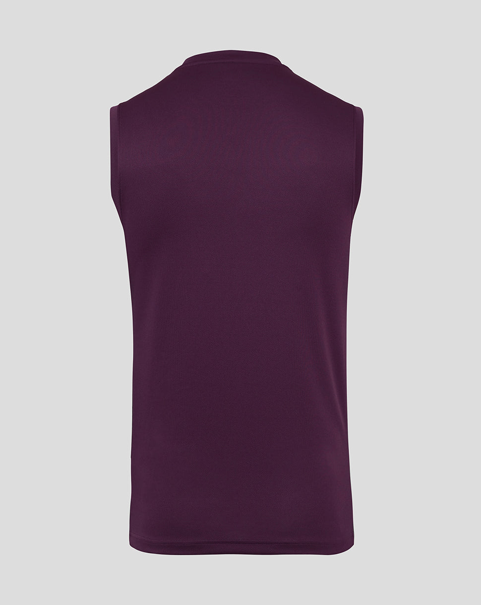 Back view of a deep purple England Cricket training vest with sleeveless raglan design