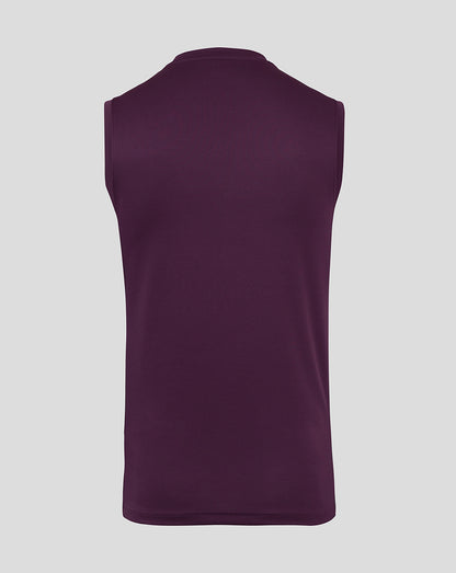 Back view of a deep purple England Cricket training vest with sleeveless raglan design