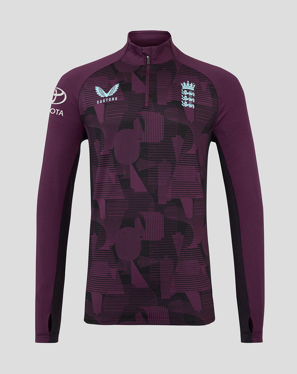 England cricket training top in maroon with geometric pattern, chest England crest and Castore logo with Toyota branding on the sleeve