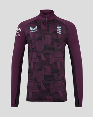 England cricket training top in maroon with geometric pattern, chest England crest and Castore logo with Toyota branding on the sleeve