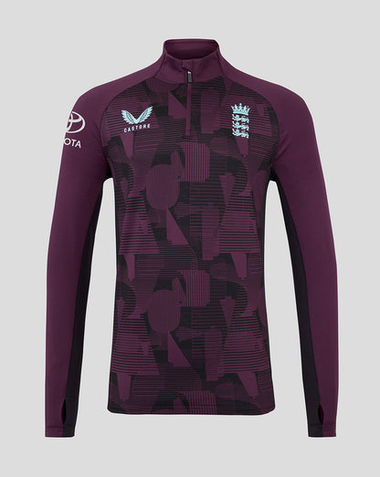 England cricket training top in maroon with geometric pattern, chest England crest and Castore logo with Toyota branding on the sleeve