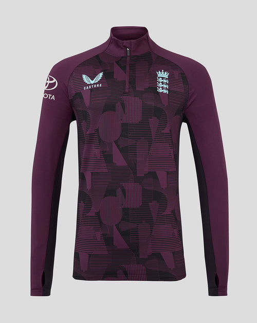 England cricket training top in maroon with geometric pattern, chest England crest and Castore logo with Toyota branding on the sleeve