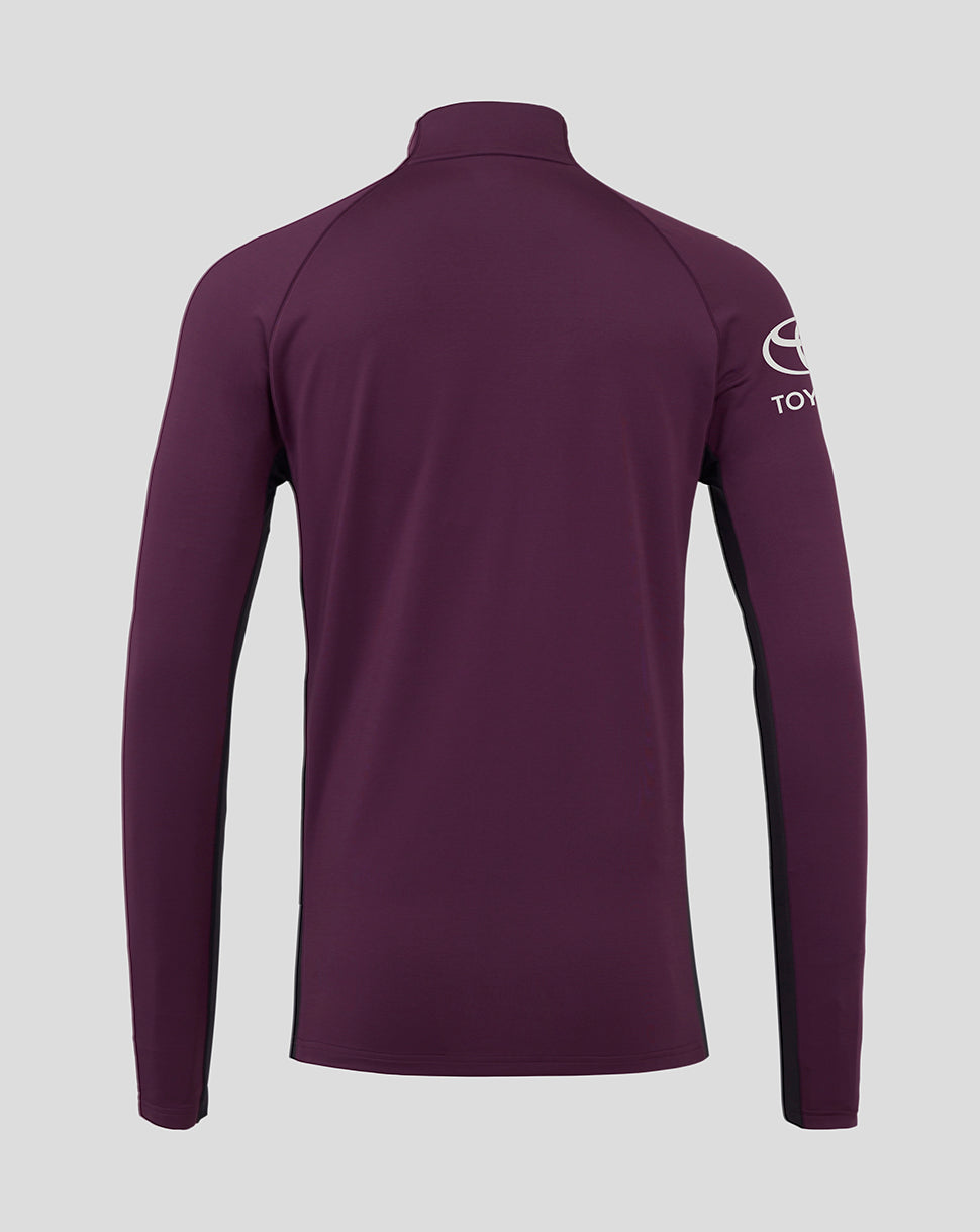 Back view of maroon England cricket training top with funnel neck and Toyota branding on the sleeve
