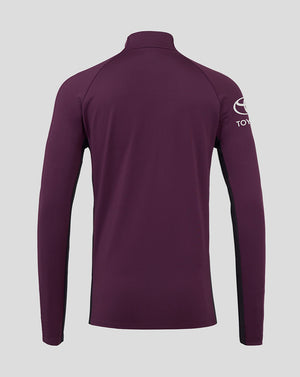 Back view of maroon England cricket training top with funnel neck and Toyota branding on the sleeve