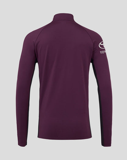 Back view of maroon England cricket training top with funnel neck and Toyota branding on the sleeve