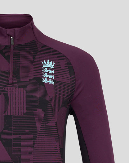 Maroon England Cricket training top with geometric pattern and blue crest on the left chest, quarter zip.