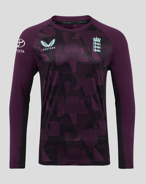 Front view of the England cricket training long sleeve tee in deep purple with an abstract geometric pattern and contrasting maroon sleeves
