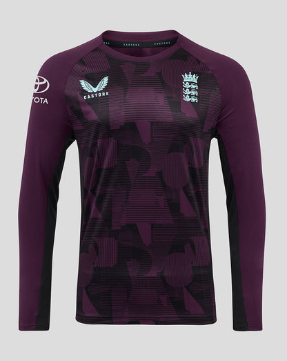 Front view of the England cricket training long sleeve tee in deep purple with an abstract geometric pattern and contrasting maroon sleeves