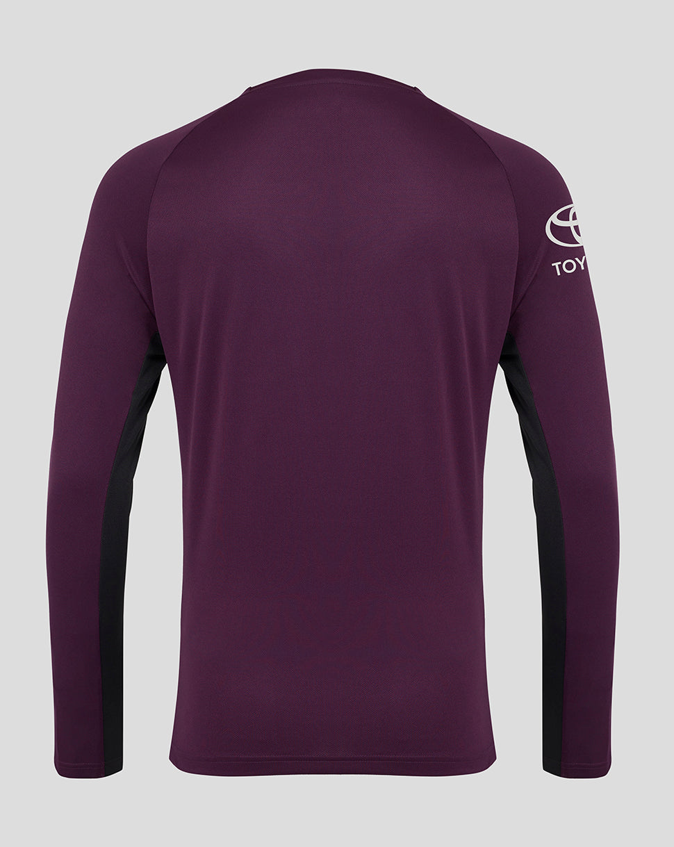 Back view of a purple England Cricket training long sleeve tee with black side panels and a white logo on the right sleeve.