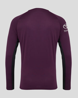 Back view of a purple England Cricket training long sleeve tee with black side panels and a white logo on the right sleeve.