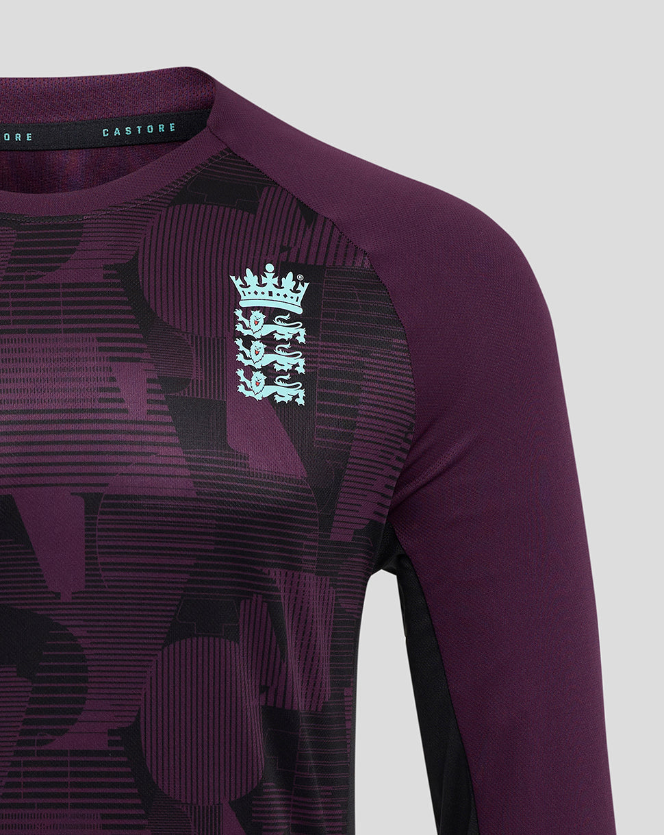 Purple England cricket training jersey with England crest on the left chest and a light blue Castore logo on the right chest.