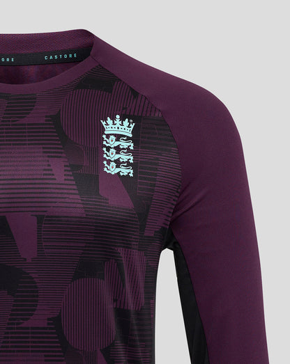 Purple England cricket training jersey with England crest on the left chest and a light blue Castore logo on the right chest.