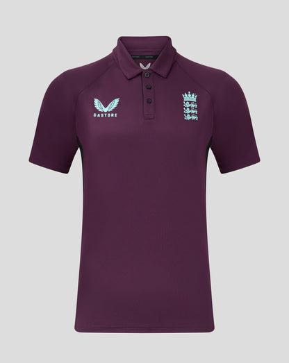 England Cricket Men's 25/26 Presentation Polo in deep purple with the team crest on the chest and Castore branding