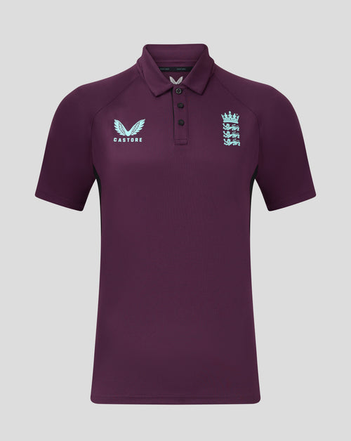 England Cricket Men's 25/26 Presentation Polo in deep purple with the team crest on the chest and Castore branding